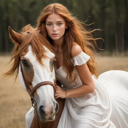 Prompt: a girl with long auburn hair tan skin freckles and brown eyes wearing a flowing white dress riding a brown and kind of gold horse