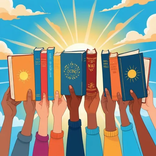 Prompt: Cartoon illustration of diverse hands holding colorful books, bright blue sky with sun rays and clouds, optimistic and hopeful atmosphere, vibrant colors, high quality, cartoon-style, diverse hands, colorful books, bright sky, optimistic, hopeful, vibrant colors, sunny day, high quality
Coloque mais mãos em diferentes tons de pele na primeira gravura. Coloque o sol no canto esquerdo, deixando mais espaço de céu
