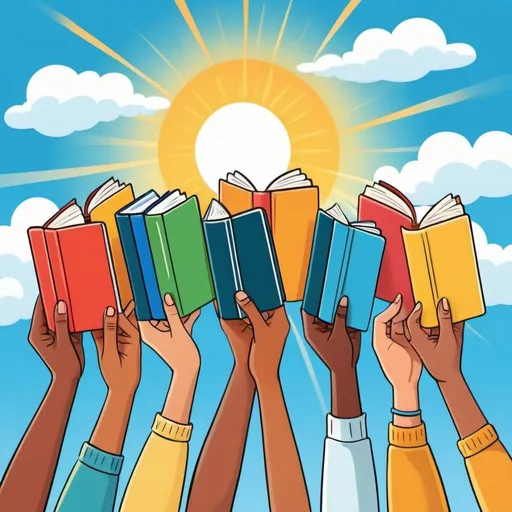 Prompt: Cartoon illustration of diverse hands holding colorful books, bright blue sky with sun rays and clouds, optimistic and hopeful atmosphere, vibrant colors, high quality, cartoon-style, diverse hands, colorful books, bright sky, optimistic, hopeful, vibrant colors, sunny day, high quality
Coloque mais mãos em diferentes tons de pele na primeira gravura. Coloque o sol no canto esquerdo, deixando mais espaço de céu
