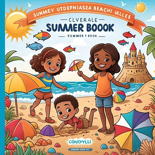 Prompt: Summer coloring book cover for kids, diverse group of children playing on the beach, vibrant and cheerful, high quality, cartoonish, warm tones, bright sunlight, detailed sandcastle, colorful beach umbrellas, joyful laughter, diverse children, cute sea creatures, playful waves, professional illustration, sunny day