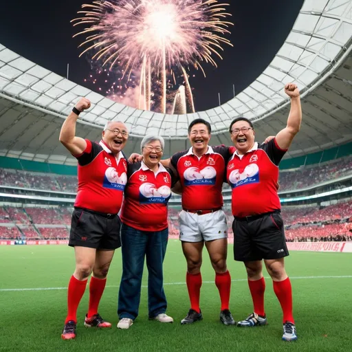 Prompt: Hong Kong Stadium, RUGBY game , with 5 man and 2 woman , celebrate retirement，Fireworks, big screen，comics,coach in the middle, stand up, big_muscle