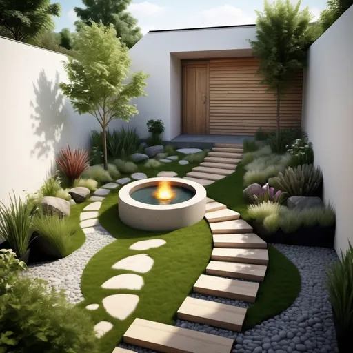 Prompt: creates a garden measuring 2.5m by 4m with a fountain at the bottom on the right side, a grassy floor, wooden passage spaces with stones around it, plants in the form of a wall, a comfortable accent and illuminated stairs, it must have a central element with a tree of life symbol and a modern bonfire, apart from the accent, at the entrance to the garden there should be a circular portal with plants around the circular portal.