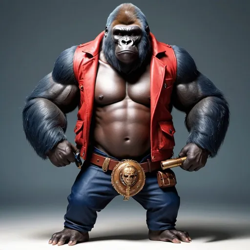 Prompt: a Gorilla with a small red medieval jacket that's too small for him, a brown medieval fanny pack pouch diagonally across his chest under his jacket and darkblue pants, he wears no shirt. and a Kanabo or Asian greatclub as a weapon. The Gorilla's name is Brent and he has a big head with a tuft of hair on top but a small and stupid face. 