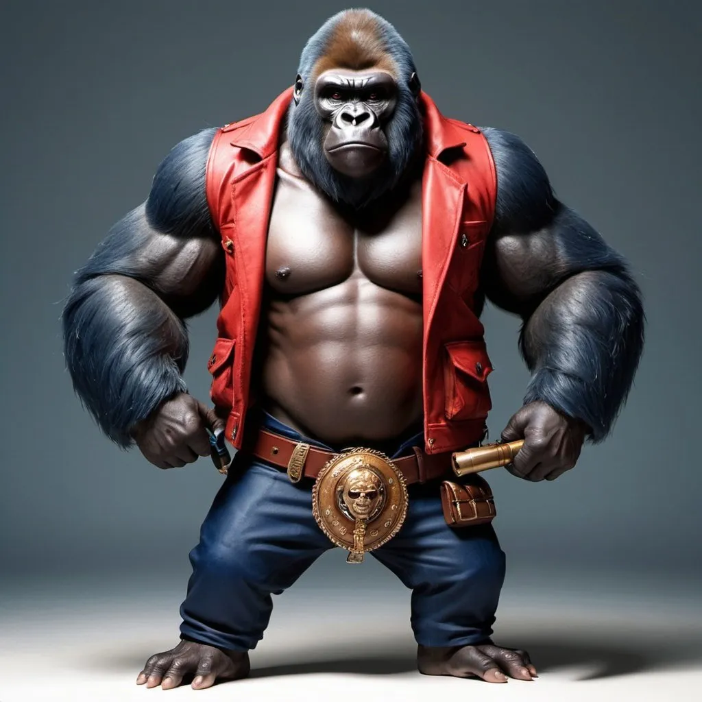 Prompt: a Gorilla with a small red medieval jacket that's too small for him, a brown medieval fanny pack pouch diagonally across his chest under his jacket and darkblue pants, he wears no shirt. and a Kanabo or Asian greatclub as a weapon. The Gorilla's name is Brent and he has a big head with a tuft of hair on top but a small and stupid face. 