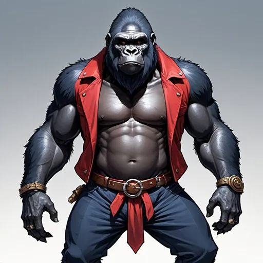 Prompt: A Gorilla Dungeons and Dragons Character, he wears no shirt except for his red open jacket with collar. He has darkblue medieval pants. His weapon is a Kanabō