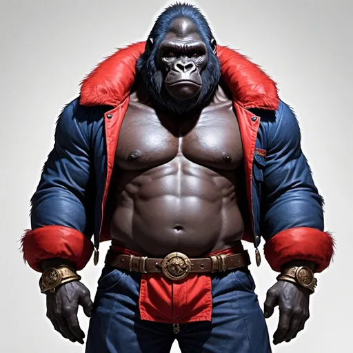 Prompt: A Gorilla Dungeons and Dragons Character, he wears no shirt except for his red open puffer jacket with collar. He has darkblue medieval pants. His weapon is a Kanabō