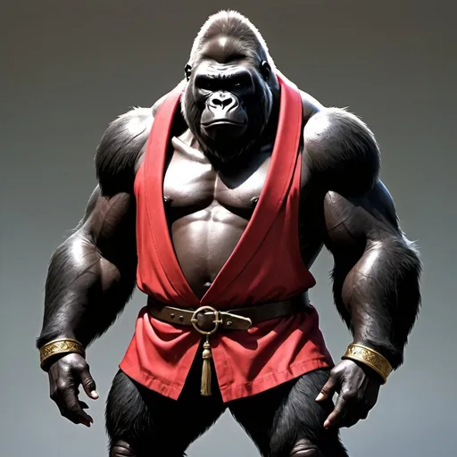 Prompt: A Gorilla, he wears no shirt except for his red medieval jacket with collar thats too small for him. He wields a Kanabō as his weapon.