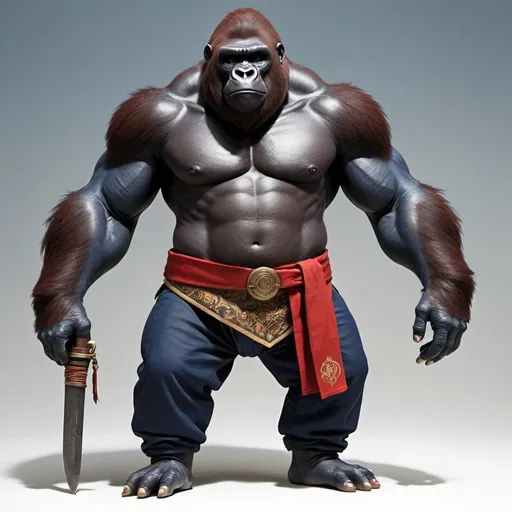 Prompt: a Gorilla with a small red medieval jacket that's too small for him, a brown medieval pack or pouch diagonally across his chest and darkblue medieval pants, he wears no shirt. and wields a Kanabo or Asian greatclub as a weapon. The Gorilla's name is Brent and he has a big head with a tuft of hair on top but a small and stupid or simple face. 