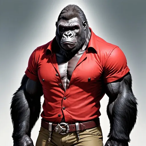Prompt: A Gorilla Dungeons and Dragons Character, he wears no shirt except for his red jacket with collar thats too small for him vut makes him look cool.