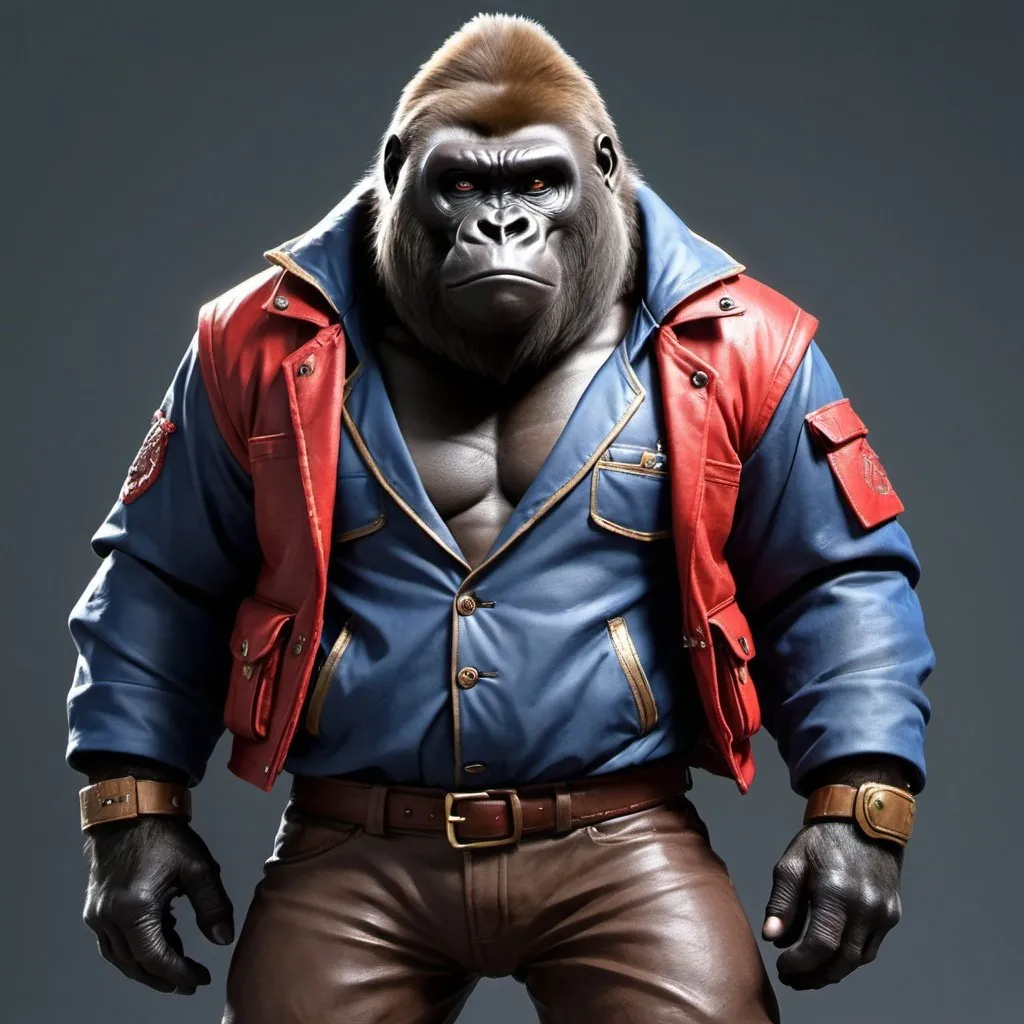 Prompt: a Gorilla with a small red medieval jacket that's too small for him, a brown medieval fanny pack pouch diagonally across his chest under his jacket and darkblue pants and a Kanabo or Asian greatclub as a weapon. The Gorilla's name is Brent and he has a big head with a tuft of hair on top but a small and stupid face. 