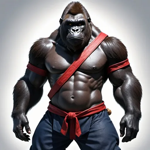 Prompt: a Gorilla with a small red medieval jacket that's too small for him, a brown medieval pack or pouch diagonally across his chest and darkblue medieval pants, he wears no shirt except for the pack and jacket. and wields a Kanabo or Asian greatclub as a weapon. The Gorilla's name is Brent and he has a big head with a tuft of hair on top but a small and stupid or simple face. 