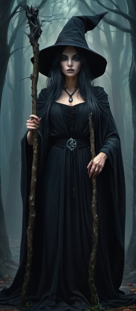 Prompt: Detailed digital painting of a witch, dark and mystical atmosphere, eerie glowing eyes, flowing black robes, magical staff with intricate details, haunting forest backdrop, high quality, digital painting, dark fantasy, mystical, eerie, flowing robes, glowing eyes, magical staff, haunting, detailed, atmospheric lighting