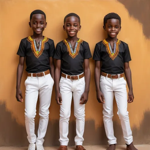 Prompt: African boys in crisp white trousers and black shirts, vibrant African print accents, warm and natural lighting, realistic painting, high resolution, detailed facial features, casual and relaxed atmosphere