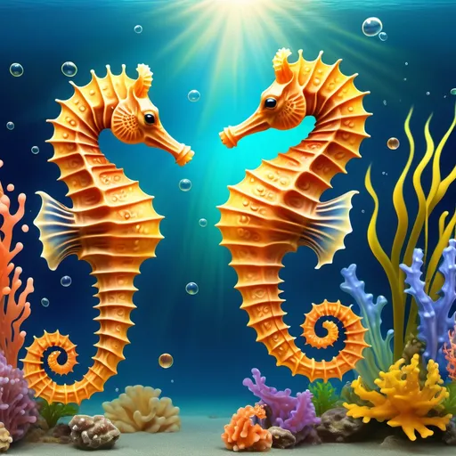 Prompt: (seahorses playing), vibrant underwater scene, (colorful marine background) filled with diverse sea creatures, playful and whimsical atmosphere, aquatic plants swaying gently, bubbles rising, bright blues, greens, corals, and hints of warm golden sunlight filtering through the water, (HD) ultra-detailed, showcasing the delightful charm of these mischievous creatures in their lively habitat.