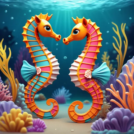 Prompt: (cute 3D cartoon sea horses), charming and playful expressions, vibrant colors, whimsical aquatic background, lively underwater scene, accented with small enchanting sea creatures alongside, (colorful and cheerful ambiance), high quality, eye-catching details, enchanting texture, cartoonish style, captivating and delightful illustration.