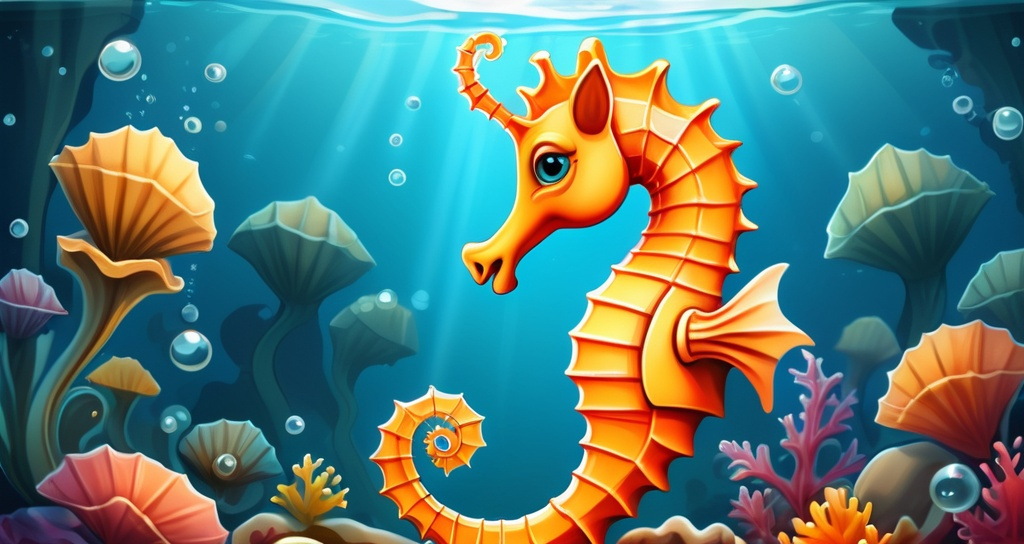 Prompt: a cartoon seahorse is looking at a tablet computer screen while underwater life is around him royalty illustration stock illustration, Andries Stock, fantasy art, dragon art, a stock photo