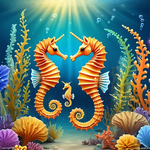 Prompt: (seahorses playing), vibrant underwater scene, (colorful marine background) filled with diverse sea creatures, playful and whimsical atmosphere, aquatic plants swaying gently, bubbles rising, bright blues, greens, corals, and hints of warm golden sunlight filtering through the water, (HD) ultra-detailed, showcasing the delightful charm of these mischievous creatures in their lively habitat.