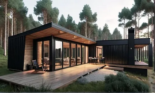 Prompt: 3d architectural render. Black cabin style. Moody dusk. located in forest. luxury.