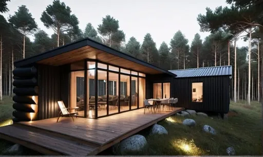 Prompt: 3d architectural render. Black cabin style. Moody dusk. located in forest. luxury