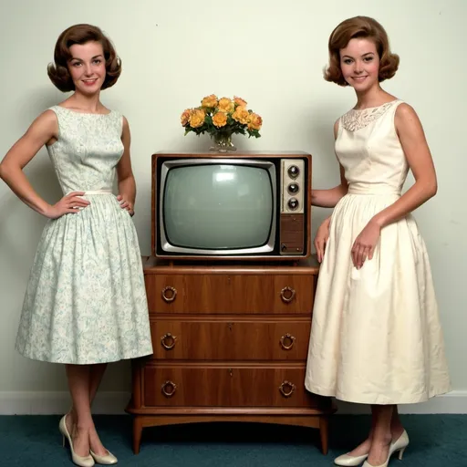 Prompt: Two lovely vintage girls in evening dresses stand next to a lovely Curtis Mathes television Console from the 1960s made of pecan wood