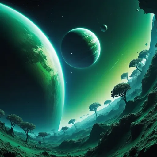 Prompt: Create a planet perspective from the space with a green and blue coloured atmosphere