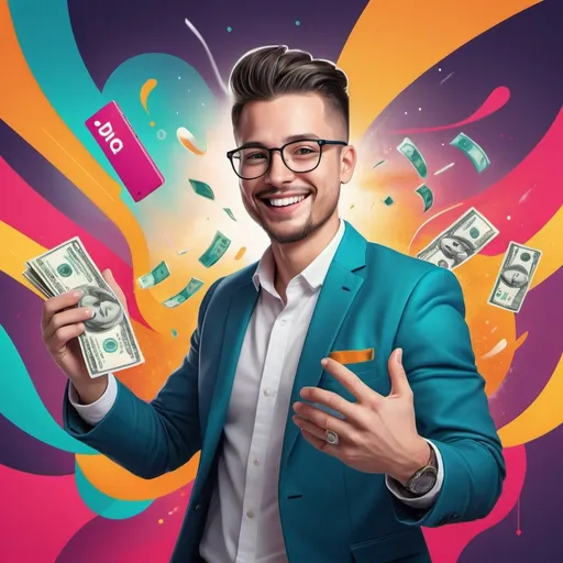 Prompt: Professional book cover illustration of a savvy entrepreneur, vibrant and energetic, TikTok logo incorporated, dynamic and engaging composition, high quality, digital illustration, modern and vibrant color scheme, energetic and upbeat atmosphere, use tiktok logo, add money to the scene, make realistic


