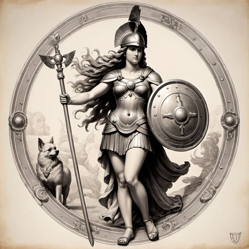 Prompt: Tatto of Athena goddes using a shield and lance with a pomerania at her side