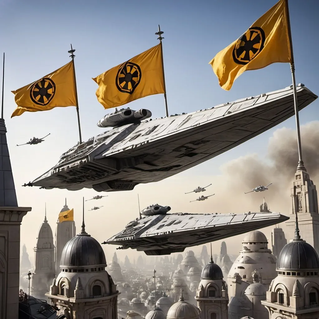 Prompt: Several star wars imperial destroyers flying in a city, with huge golden flags and banners on the sides, waving