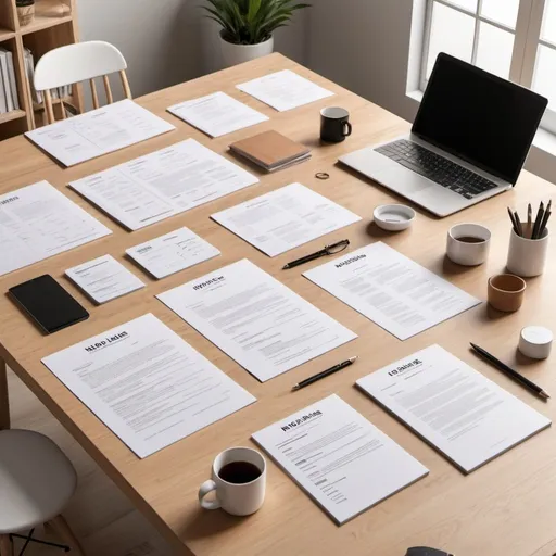 Prompt: The scene is a tidy and well-organized work table. The table surface is made of light-colored wood with a smooth finish. On the table, there are several different templates of resumes spread out neatly, showcasing various layouts and designs.