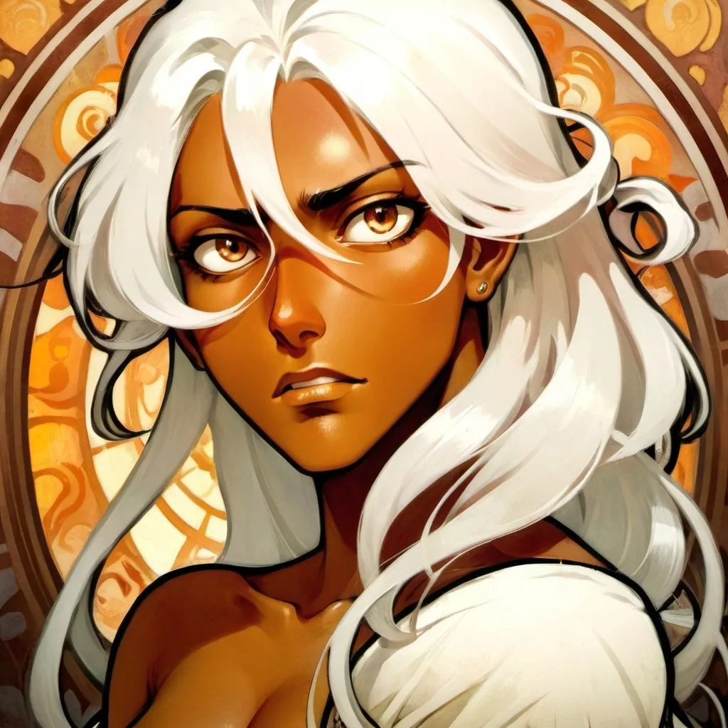 Prompt: Brown skinned girl with white hair and brown eyes.