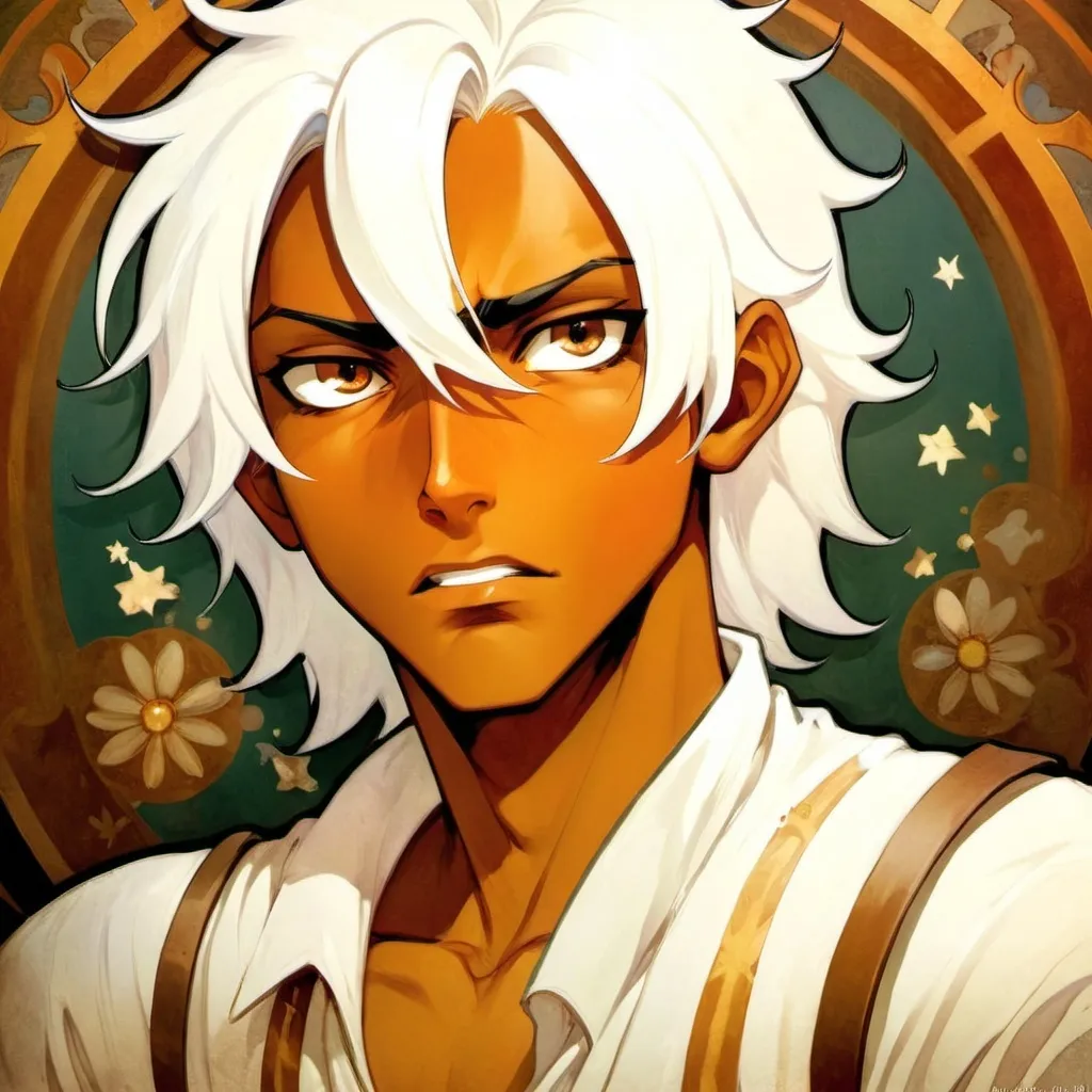 Prompt: Brown skinned boy with white hair and brown eyes.