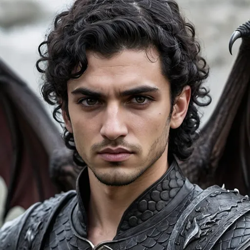 Prompt: Middle eastern, Male, faerie, sad, angry, curly black hair short on the sides, attractive, square jaw, dark eyes, broody, dragon wings, game of thrones inspired 