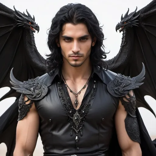 Prompt: Middle eastern, male, dragon king, late twenties, gorgeous, shoulder length wavy black hair, faerie with leathery black wings on back, wearing black clothes with intricate beading, royal, mean looking, burn scars 