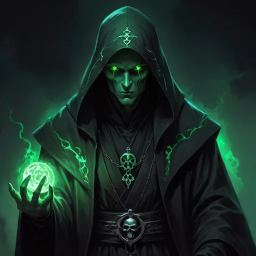 Prompt: necromancer, fantasy villian, glowing green eyes, black robes, dark and gloomy