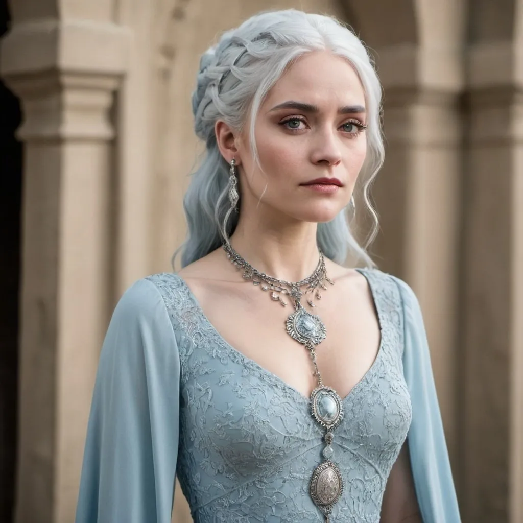 Prompt: Woman inspired by cercei Lannister, pale blue dresses, silver jewelry, white hair