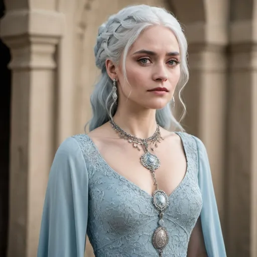 Prompt: Woman inspired by cercei Lannister, pale blue dresses, silver jewelry, white hair