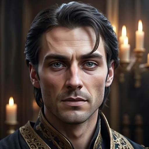 Prompt: man with a thin face and dark hair, slightly dead looking, attractive, sharp facial features, realistic, handsome, scary, royal, fantasy atmosphere, realistic 