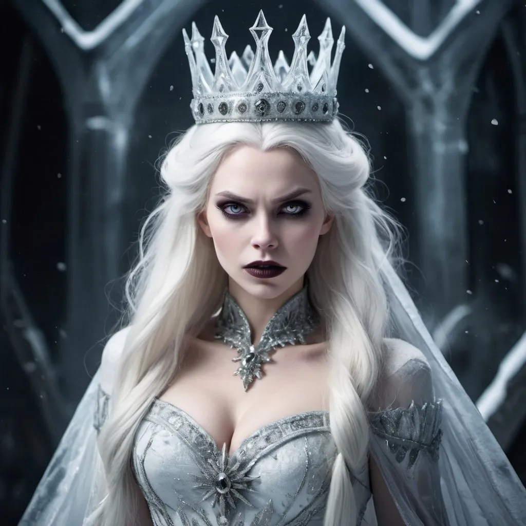 Prompt: evil snow queen, ice powers, pale skin, long straight white hair, white eyes, crown made of ice, looks evil and mean and scary. EVIL, revealing dress