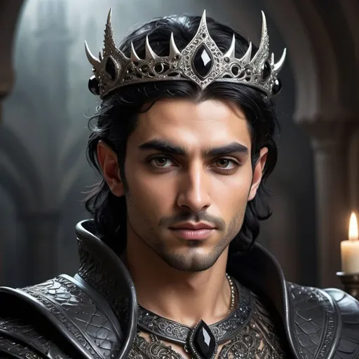 Prompt: Realistic male faerie middle eastern with short black hair, attractive, dragon king, wearing a black metal crown with black stones, high quality, detailed, realistic, fantasy, regal, intricate details, dark and mystical atmosphere, powerful gaze, royal attire, magical, detailed facial features, enchanting lighting