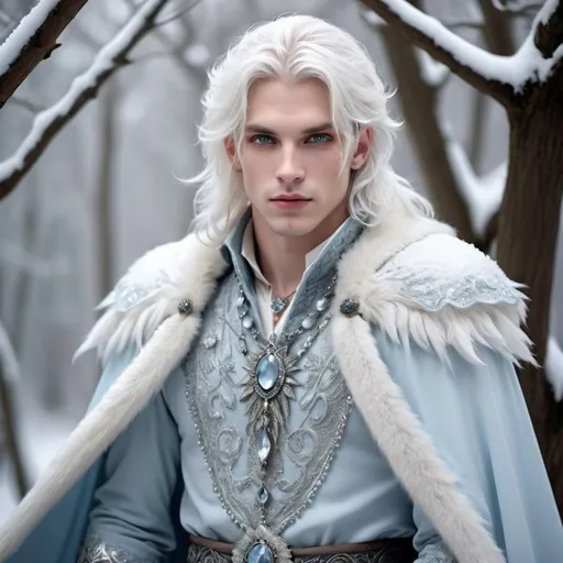 Prompt: Attractive male faerie, long white icy hair, beautiful, stunning, breath takingly beautiful, prince of the snow, pale skin, pale eyes, pale blue frosty clothes with intricate beading, silver jewelry, fantasy atmosphere, fur cloak