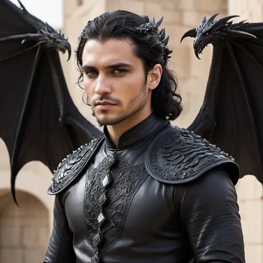 Prompt: Game of thrones inspired, Middle eastern, male, dragon king, late twenties, gorgeous, shoulder length wavy black hair, faerie with leathery black wings on back, wearing black clothes with intricate beading, royal, mean looking, burn scars 