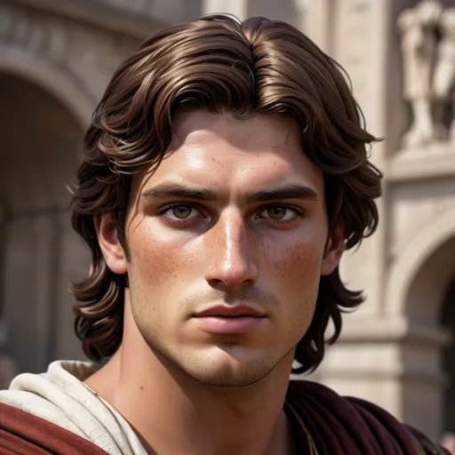 Prompt: young attractive roman prince, shoulder length brown hair, dark brown eyes, freckles, strong roman nose, serious eyes, realistic