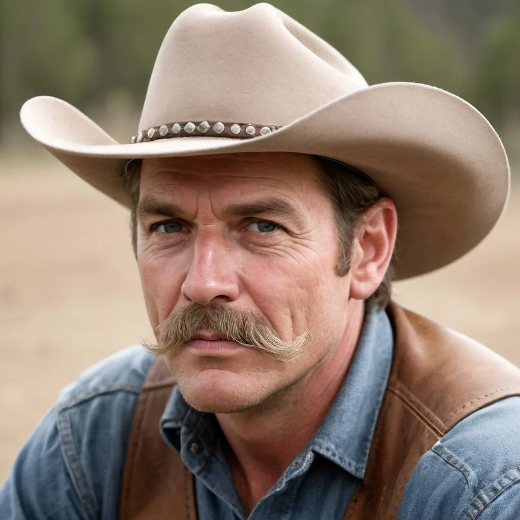 Prompt: man, graying mustache, ranch hand, tough, strong, sturdy, cowboy hat