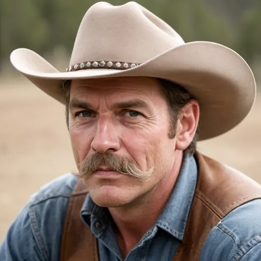 Prompt: man, graying mustache, ranch hand, tough, strong, sturdy, cowboy hat