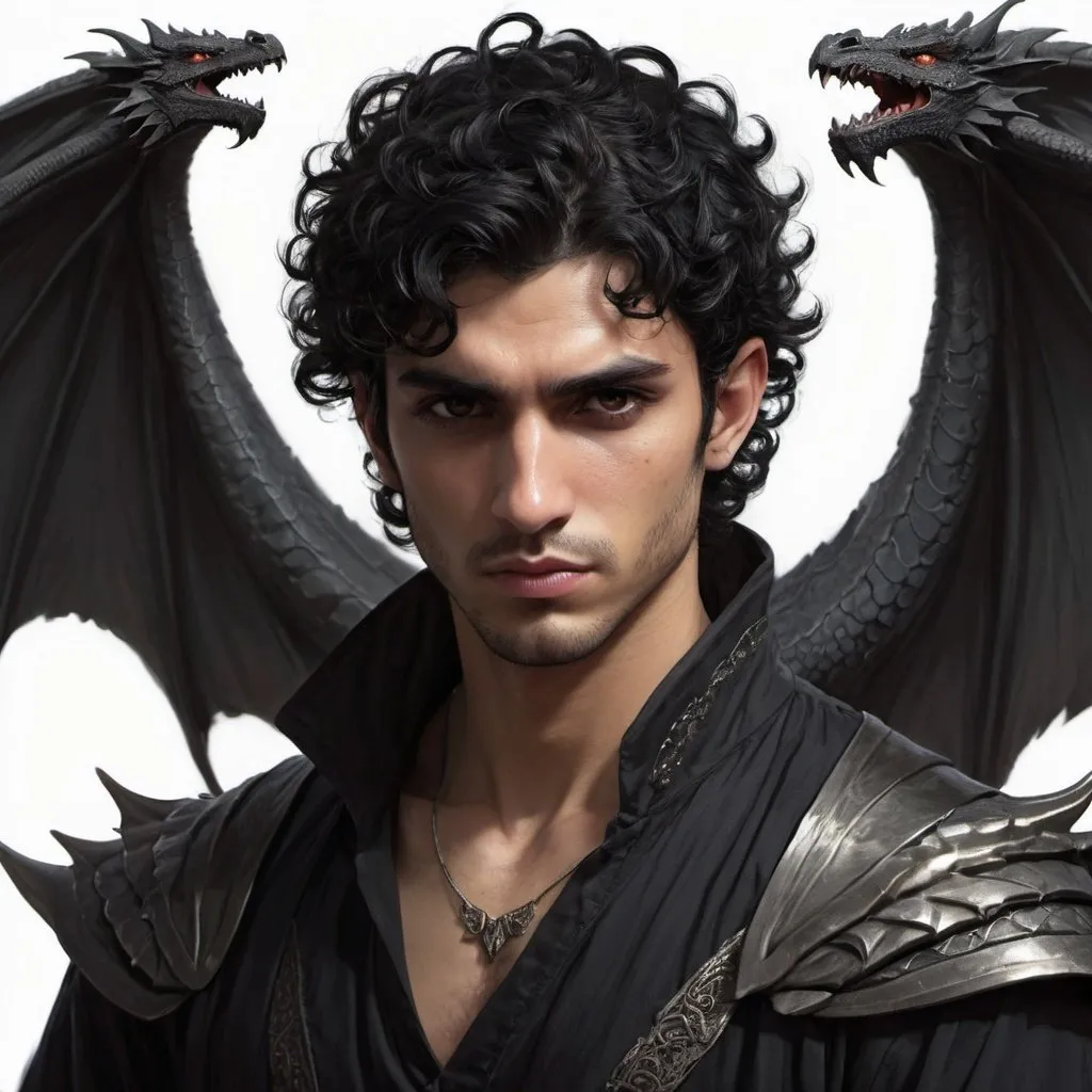 Prompt: Middle eastern, Male, faerie, sad, angry, curly black hair short on the sides, attractive, square jaw, dark eyes, broody, dragon wings 