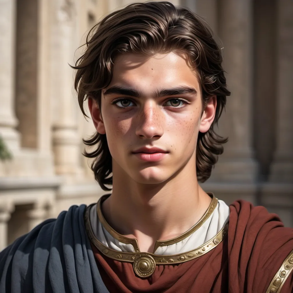 Prompt: young roman prince, seventeen years old, long hair tied back, dark brown hair, dark brown eyes, young and mischievous, handsome, realistic, freckles