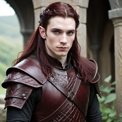 Prompt: Attractive male faerie, pointed ear, pale skin, dark eyes, long dark red hair, fantasy leather armor, dragon trainer, realistic, fantasy atmosphere, game of thrones inspired