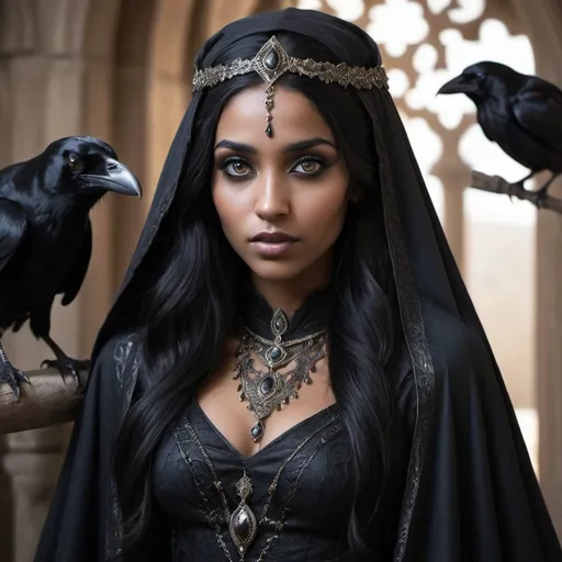 Prompt: Middle eastern, female, dark skin, long black hair, thin, sharp face, big black eyes, incredibly beautiful, faerie, Raven Princess, black cloak, intricate royal clothes, fantasy atmosphere, game of thrones inspired 