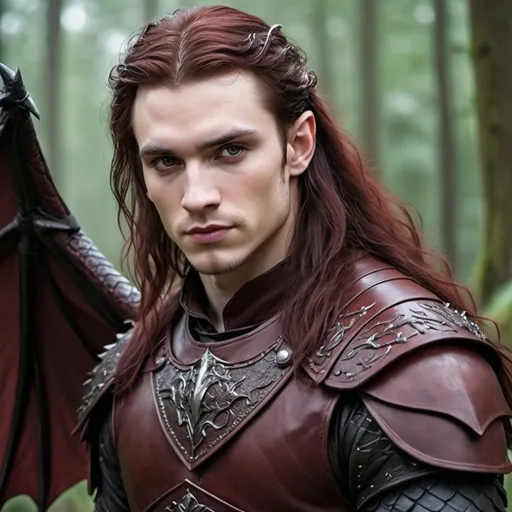 Prompt: Attractive male faerie, pointed ear, pale skin, dark eyes, long dark red hair, fantasy leather armor, dragon trainer, realistic, fantasy atmosphere, game of thrones inspired