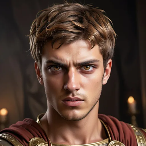 Prompt: roman emperor, 24 years old, caramel brown short hair, honey colored eyes, handsome but crazed looking, realistic, angry, crazy eyes